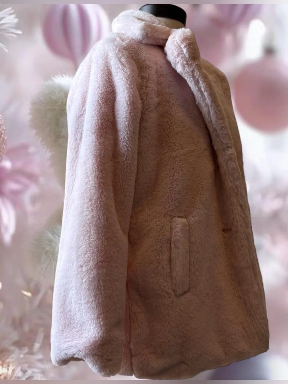 JouJou Light Pink Faux Fur Coat Size M 8 10 Fluffy Soft Collar Buttons Cute